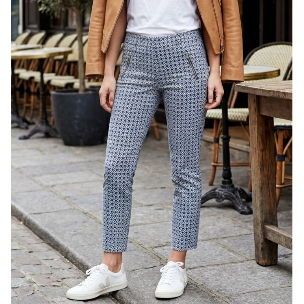 Kenar 4 Blue White Geometric Tile Print Slim Ankle Pants Zip Front Pocket Detail